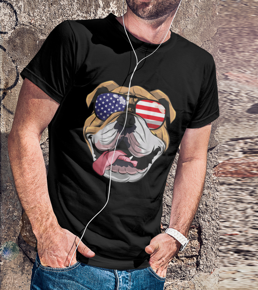 English Bulldog Wearing American Flag Sunglasses 4th Of July T-Shirt