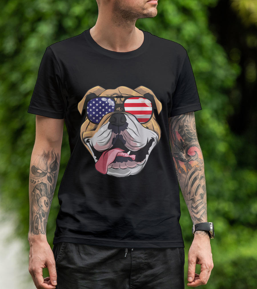 English Bulldog Wearing American Flag Sunglasses 4th Of July T-Shirt