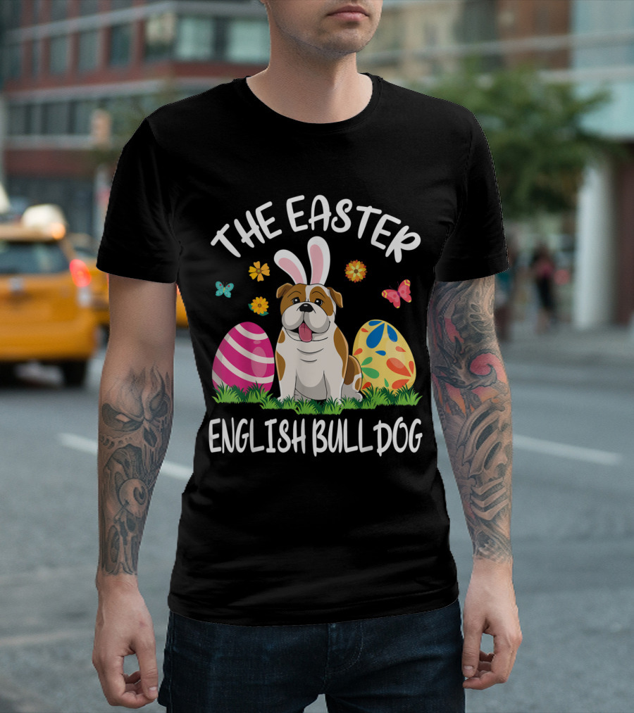 The Easter English Bulldog Bunny with Eggs and Butterflies T-Shirt