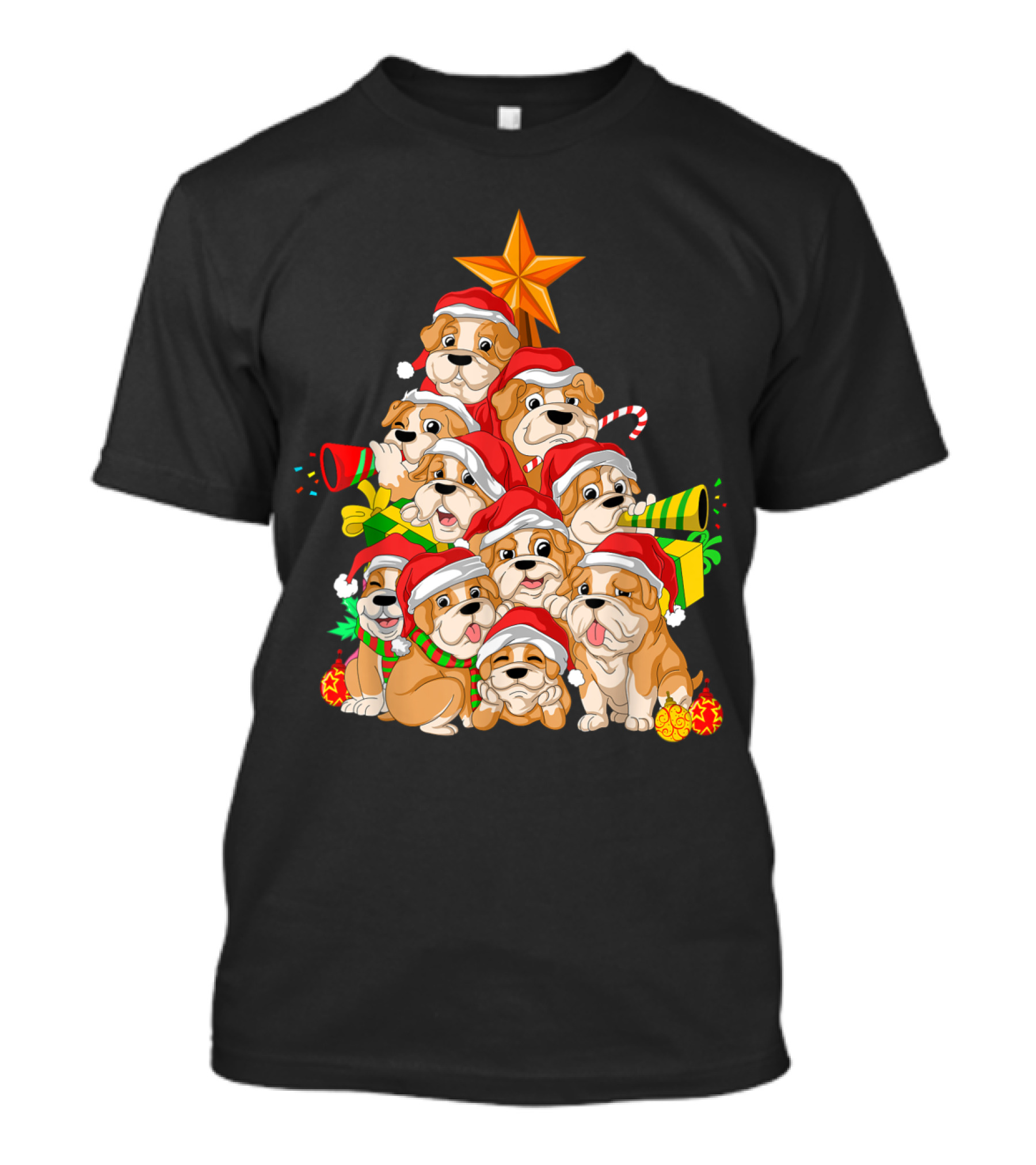 English Bulldog Puppies Christmas Tree With Santa Hats And Presents T-Shirt