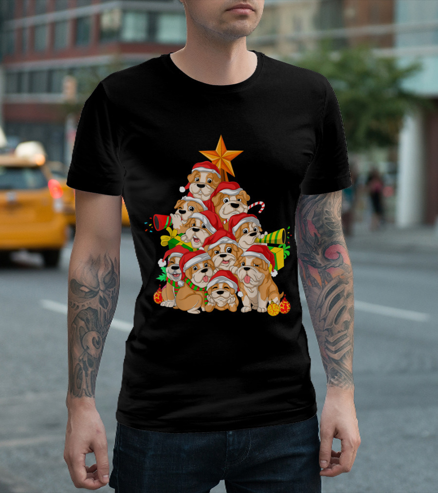 English Bulldog Puppies Christmas Tree With Santa Hats And Presents T-Shirt