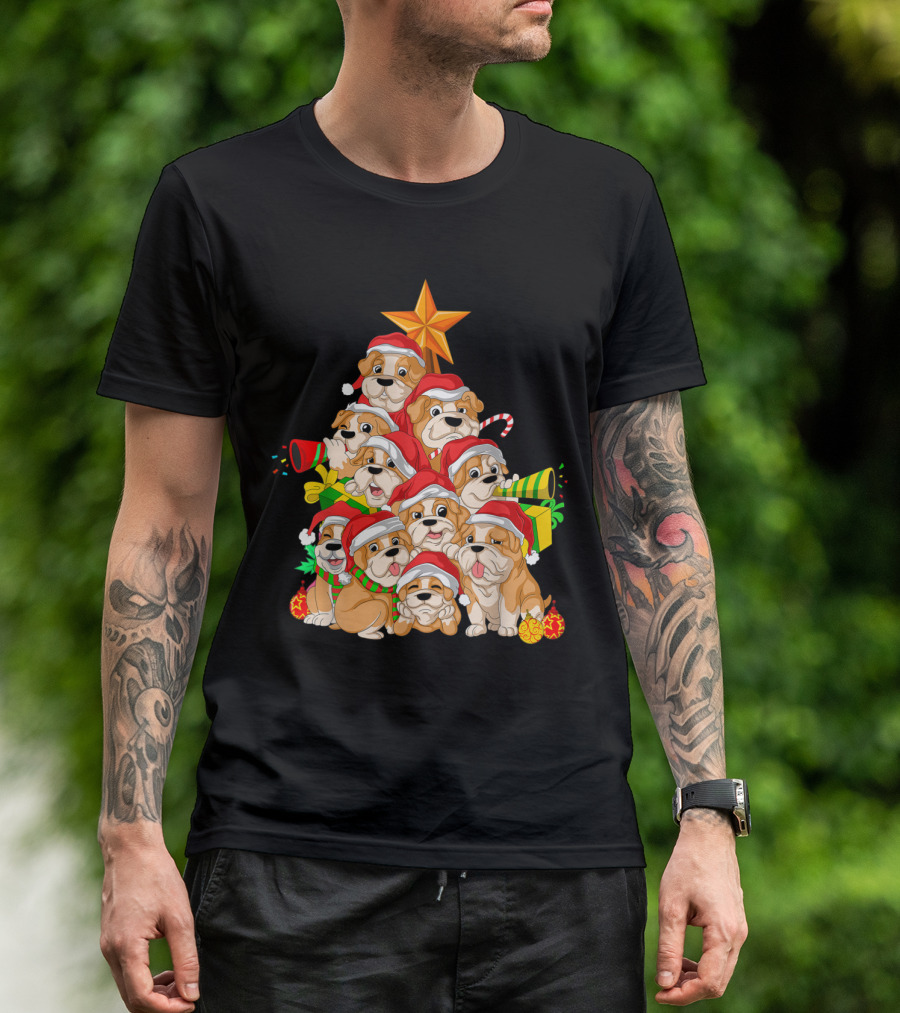 English Bulldog Puppies Christmas Tree With Santa Hats And Presents T-Shirt
