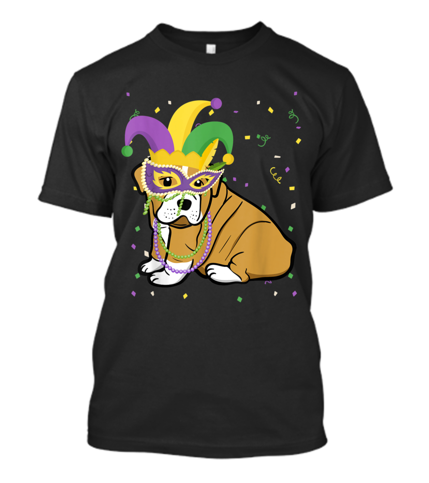 English Bulldog With Mardi Gras Jester Hat Beads And Mask T-Shirt