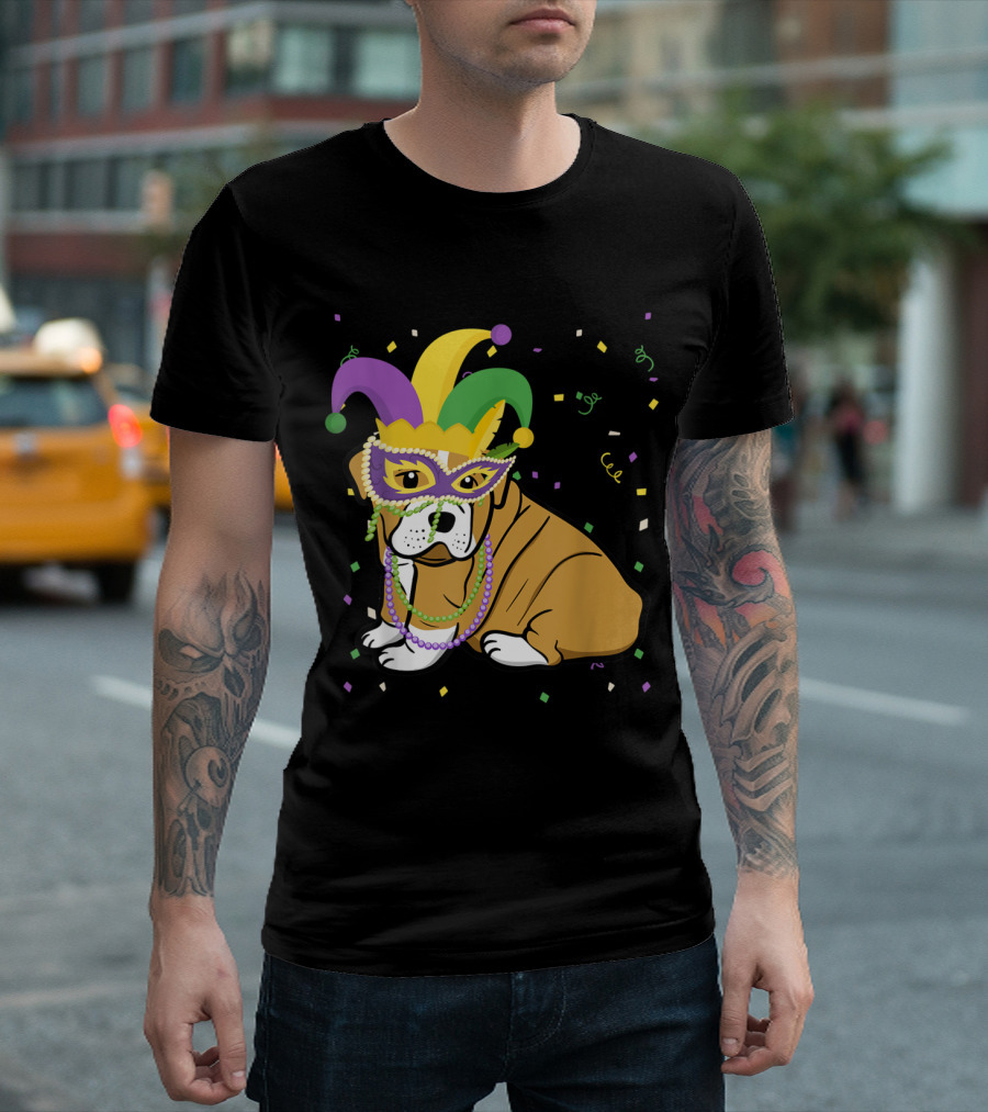 English Bulldog With Mardi Gras Jester Hat Beads And Mask T-Shirt
