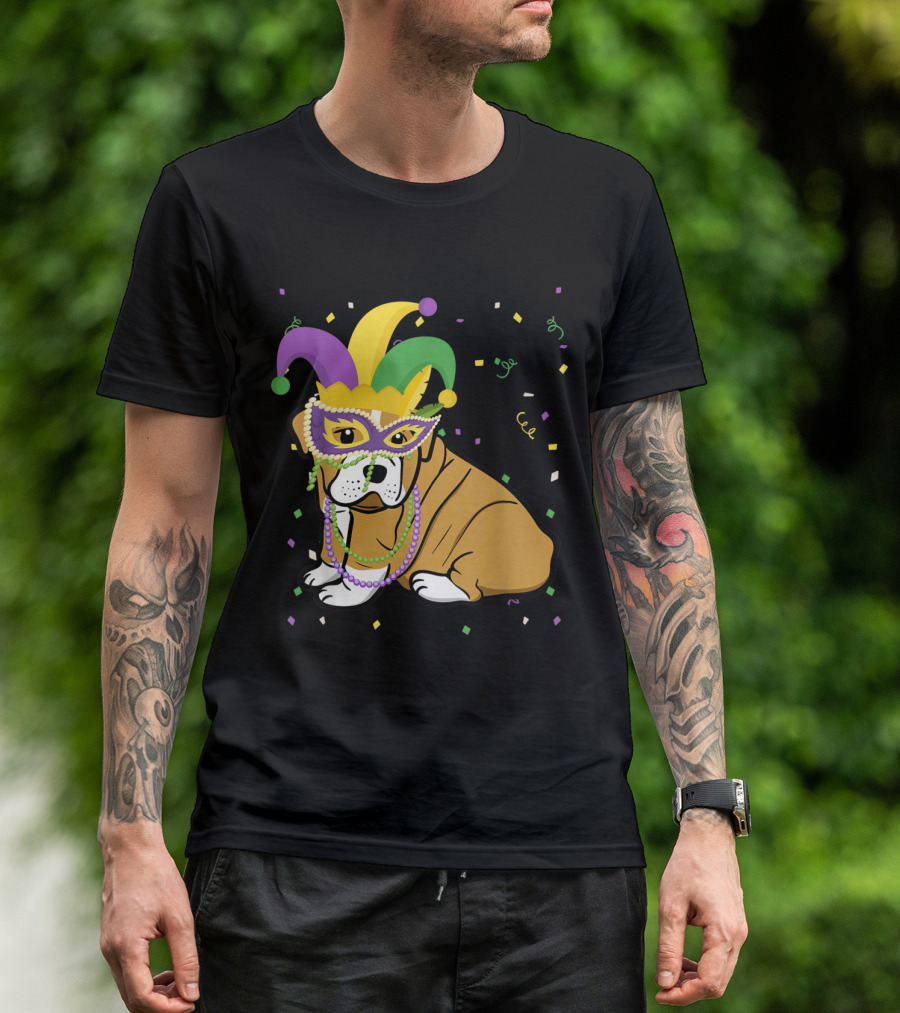 English Bulldog With Mardi Gras Jester Hat Beads And Mask T-Shirt