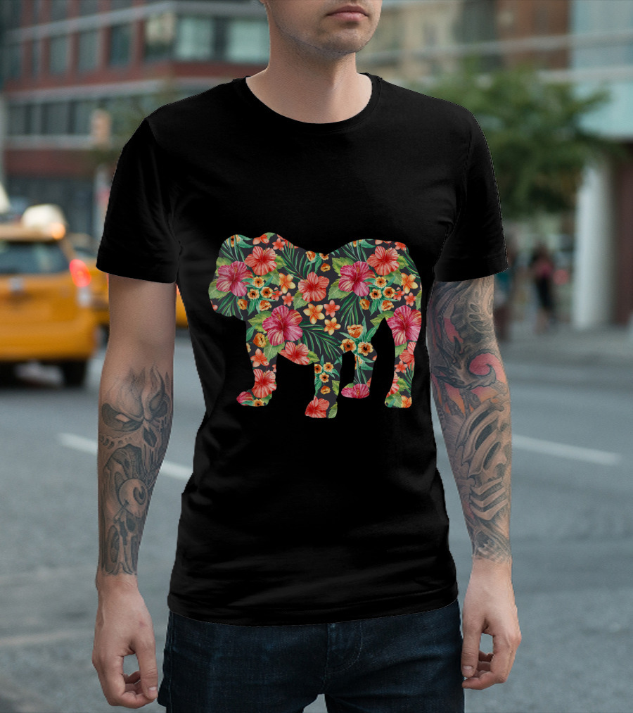 English Bulldog Floral Pattern with Vibrant Tropical Flowers T-Shirt