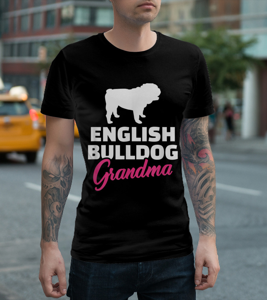 English Bulldog Grandma White Silhouette Pink Script T-Shirt