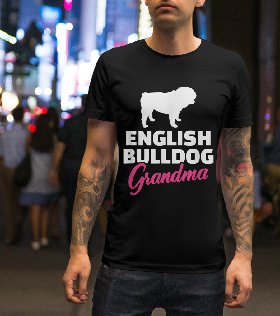 English Bulldog Grandma White Silhouette Pink Script T-Shirt