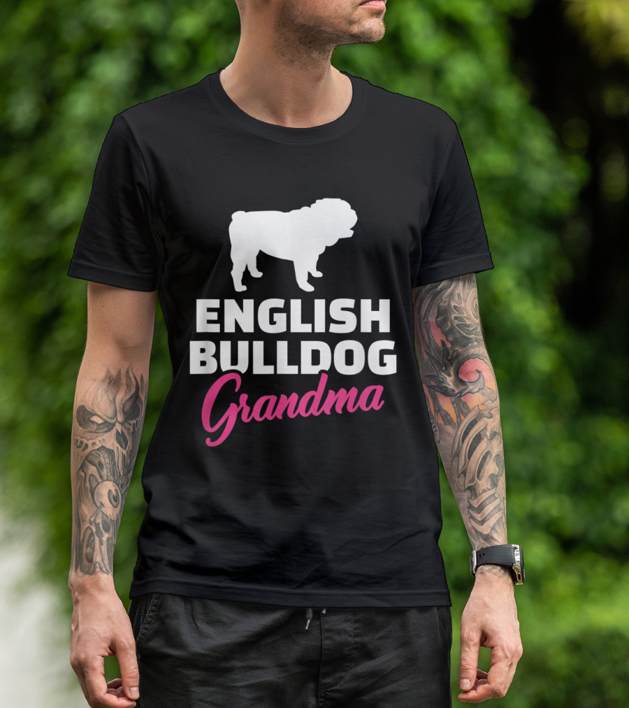 English Bulldog Grandma White Silhouette Pink Script T-Shirt