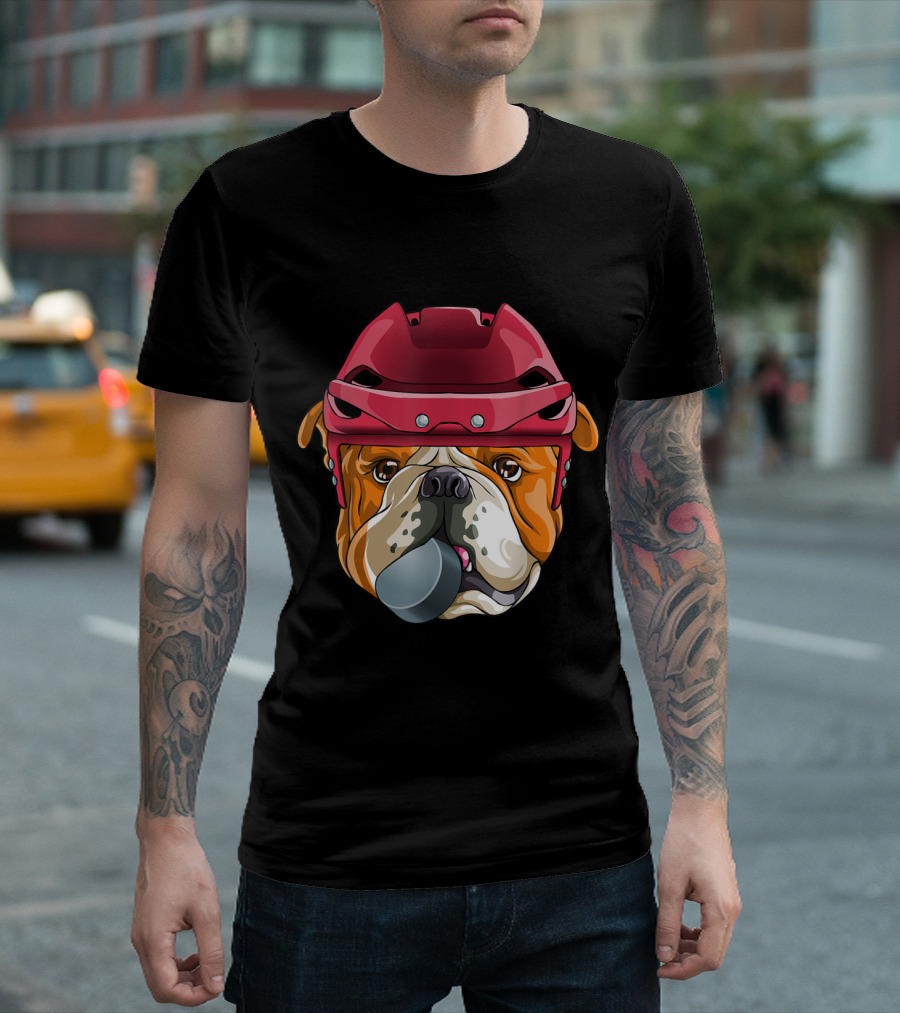 English Bulldog Hockey Player With Helmet And Puck T-Shirt