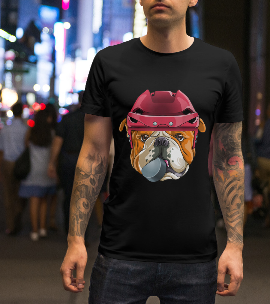 English Bulldog Hockey Player With Helmet And Puck T-Shirt