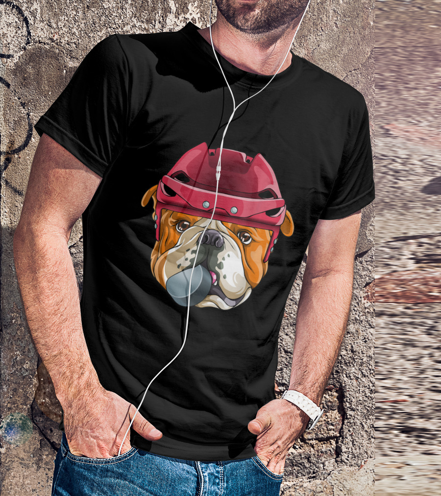 English Bulldog Hockey Player With Helmet And Puck T-Shirt