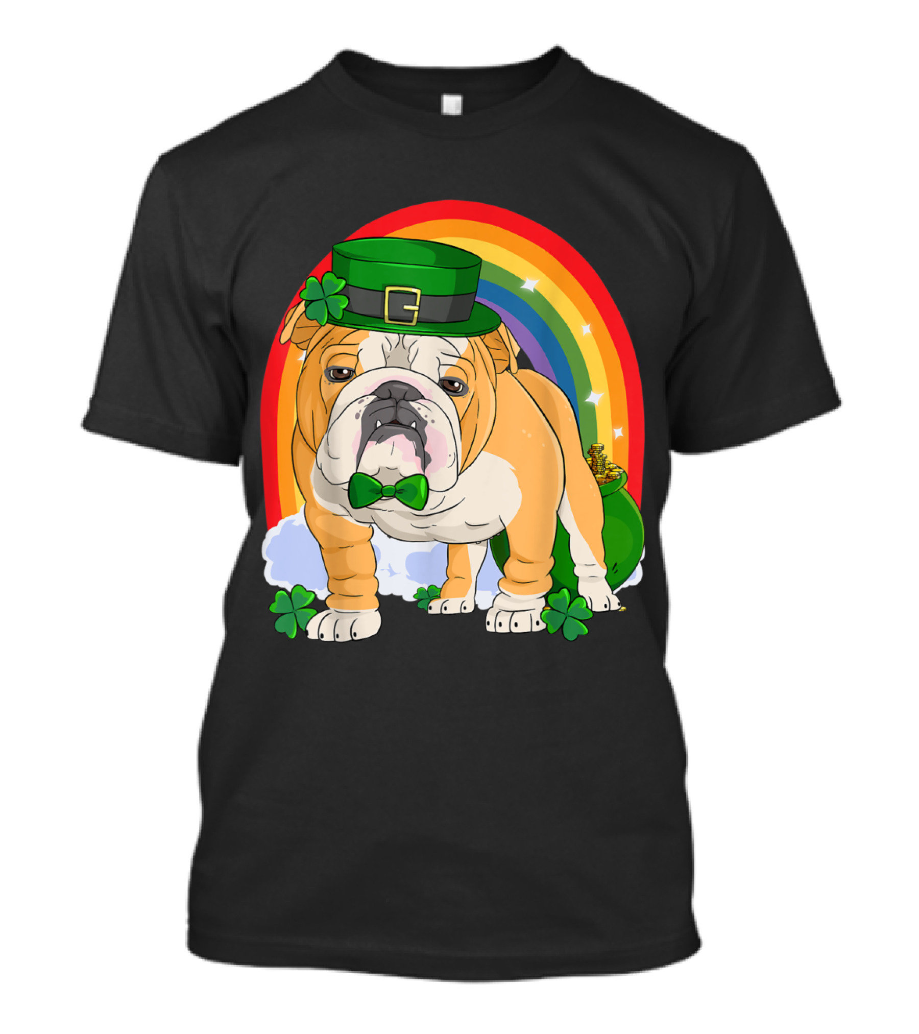 English Bulldog Leprechaun With Rainbow And Shamrocks St. Patrick's Day T-Shirt