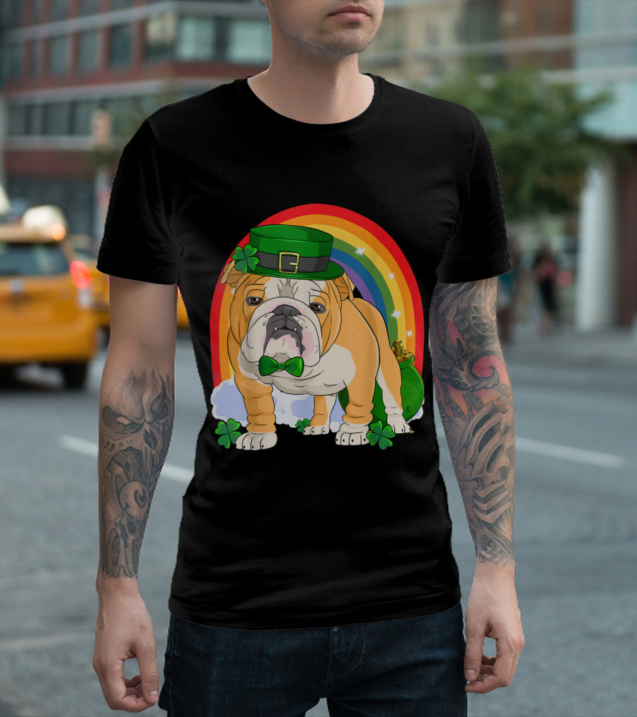 English Bulldog Leprechaun With Rainbow And Shamrocks St. Patrick's Day T-Shirt