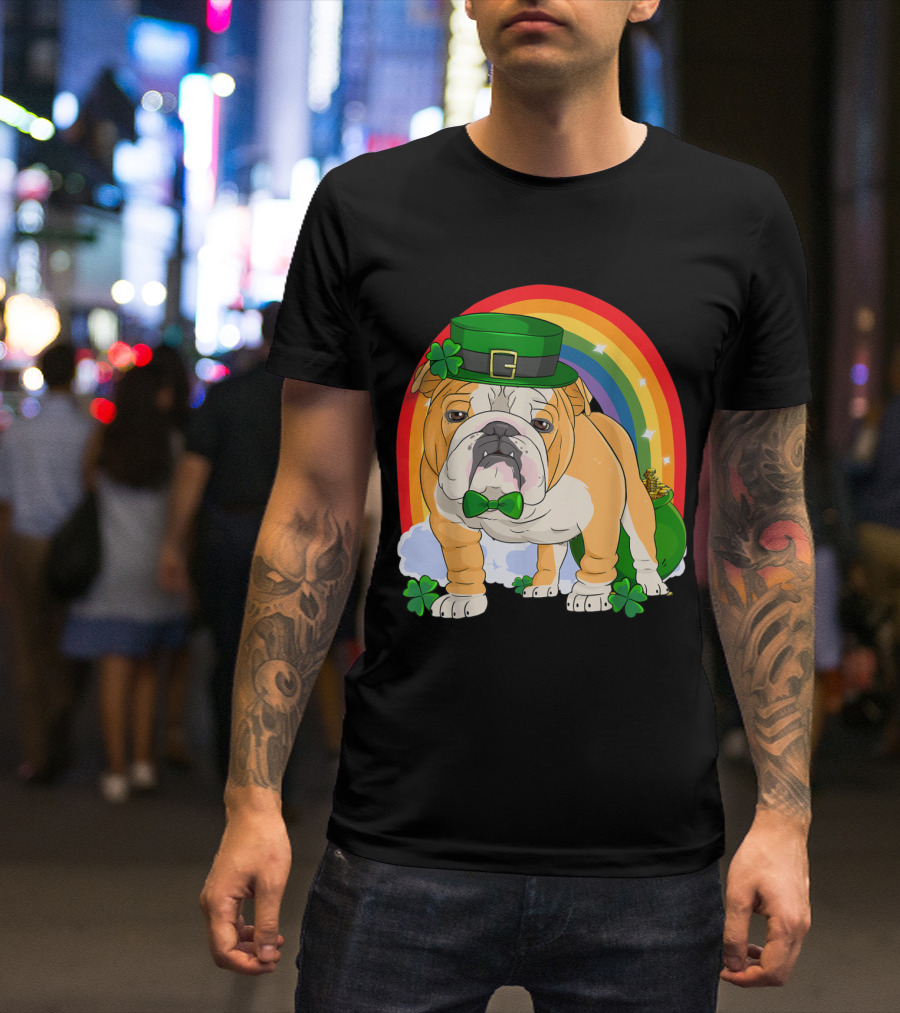 English Bulldog Leprechaun With Rainbow And Shamrocks St. Patrick's Day T-Shirt