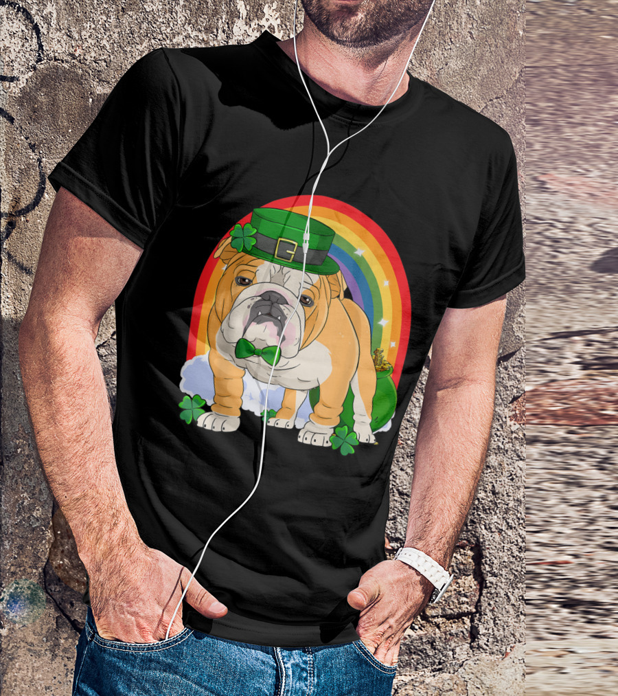 English Bulldog Leprechaun With Rainbow And Shamrocks St. Patrick's Day T-Shirt