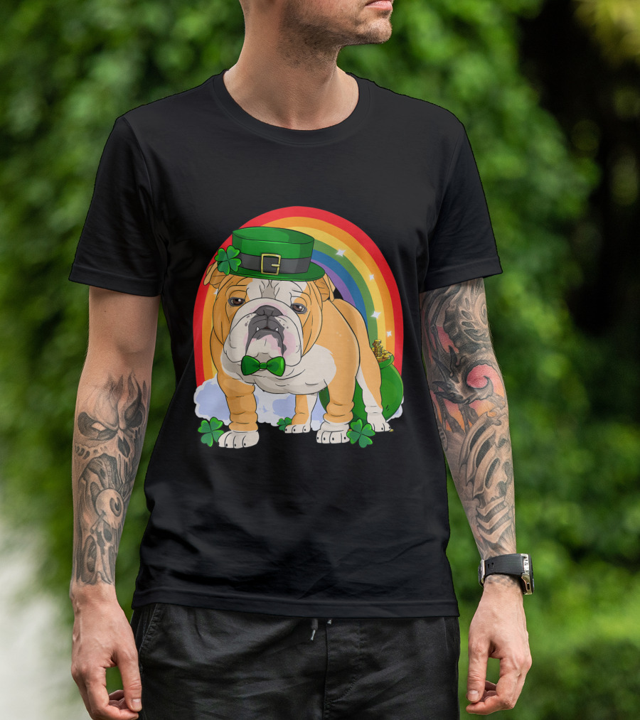 English Bulldog Leprechaun With Rainbow And Shamrocks St. Patrick's Day T-Shirt