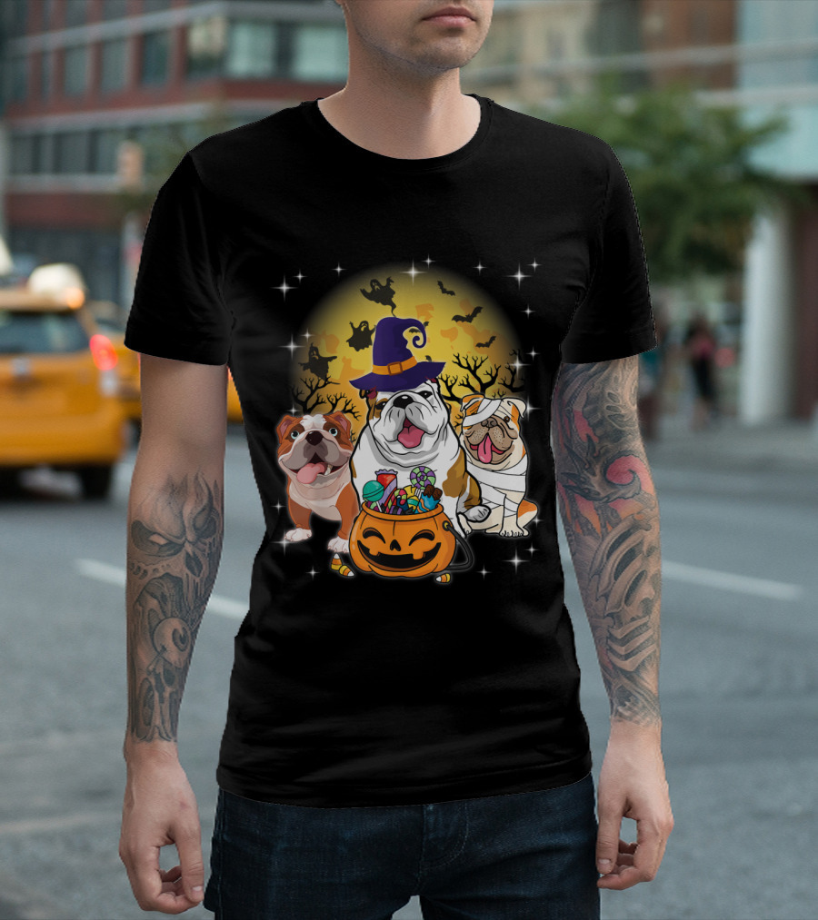 English Bulldog Halloween Trio Mummy Witch Moon Ghosts T-Shirt