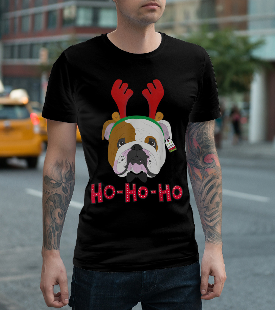 English Bulldog Ho Ho Ho Reindeer Antlers T-Shirt