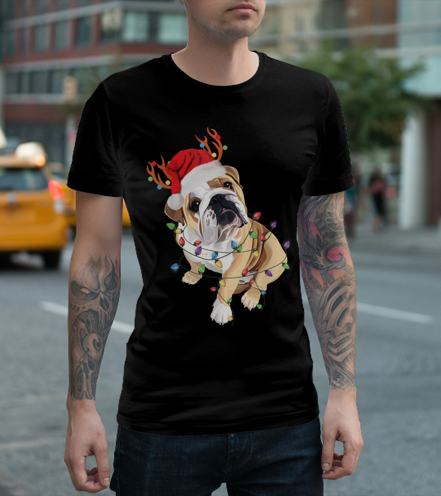 English Bulldog with Santa Hat Antlers and Christmas Lights T-Shirt