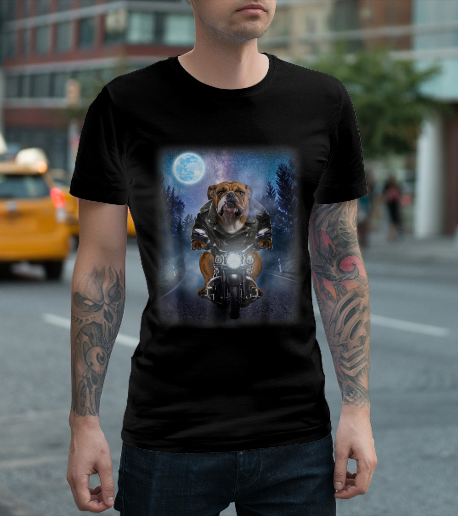 English Bulldog on Motorcycle Under Icy Moonlit Sky T-Shirt