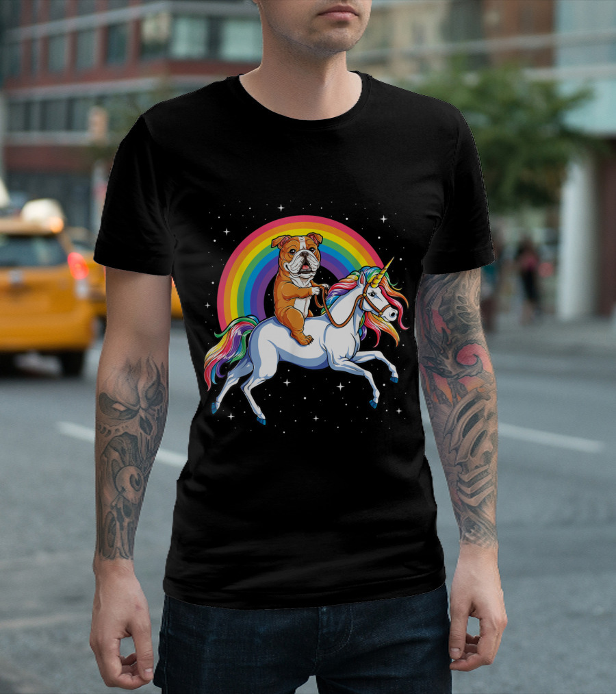 English Bulldog on Rainbow Unicorn in Galaxy Space T-Shirt