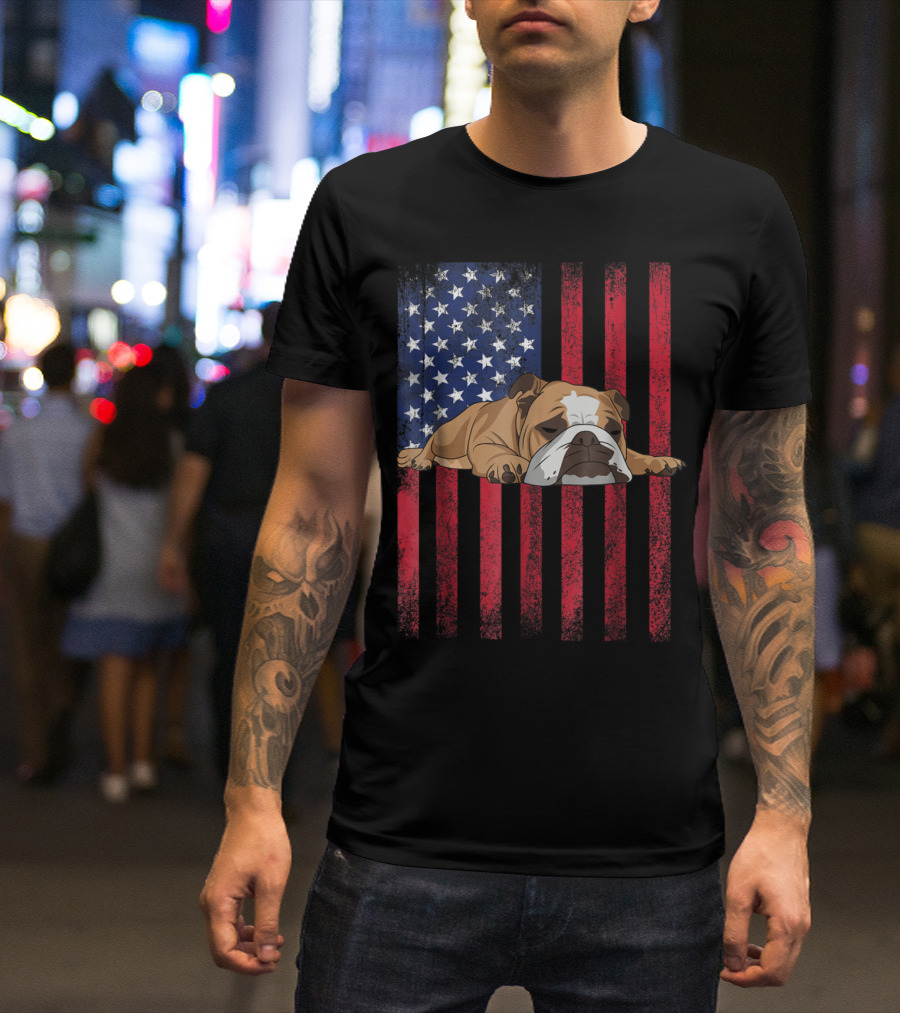 English Bulldog On American Flag Background T-Shirt