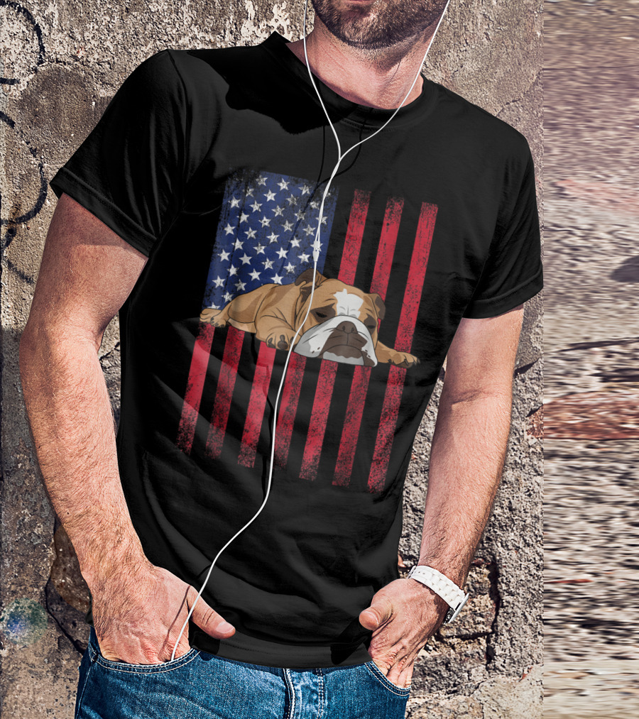 English Bulldog On American Flag Background T-Shirt