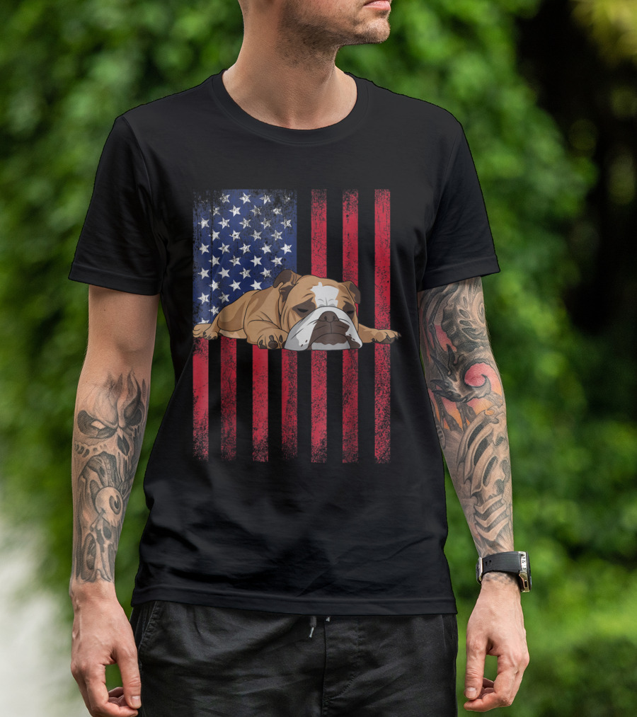 English Bulldog On American Flag Background T-Shirt