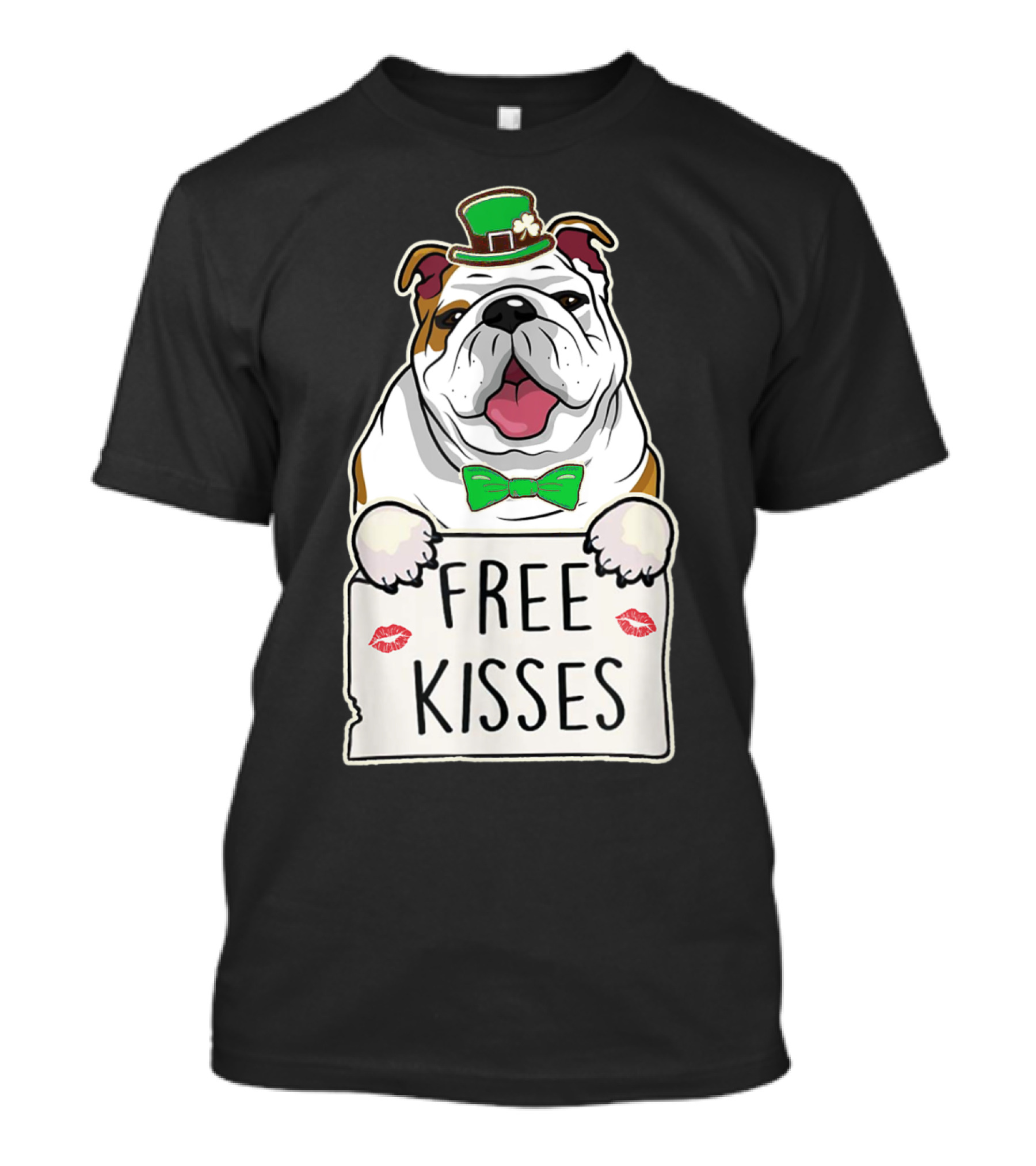 English Bulldog Free Kisses Irish Hat Bowtie T-Shirt