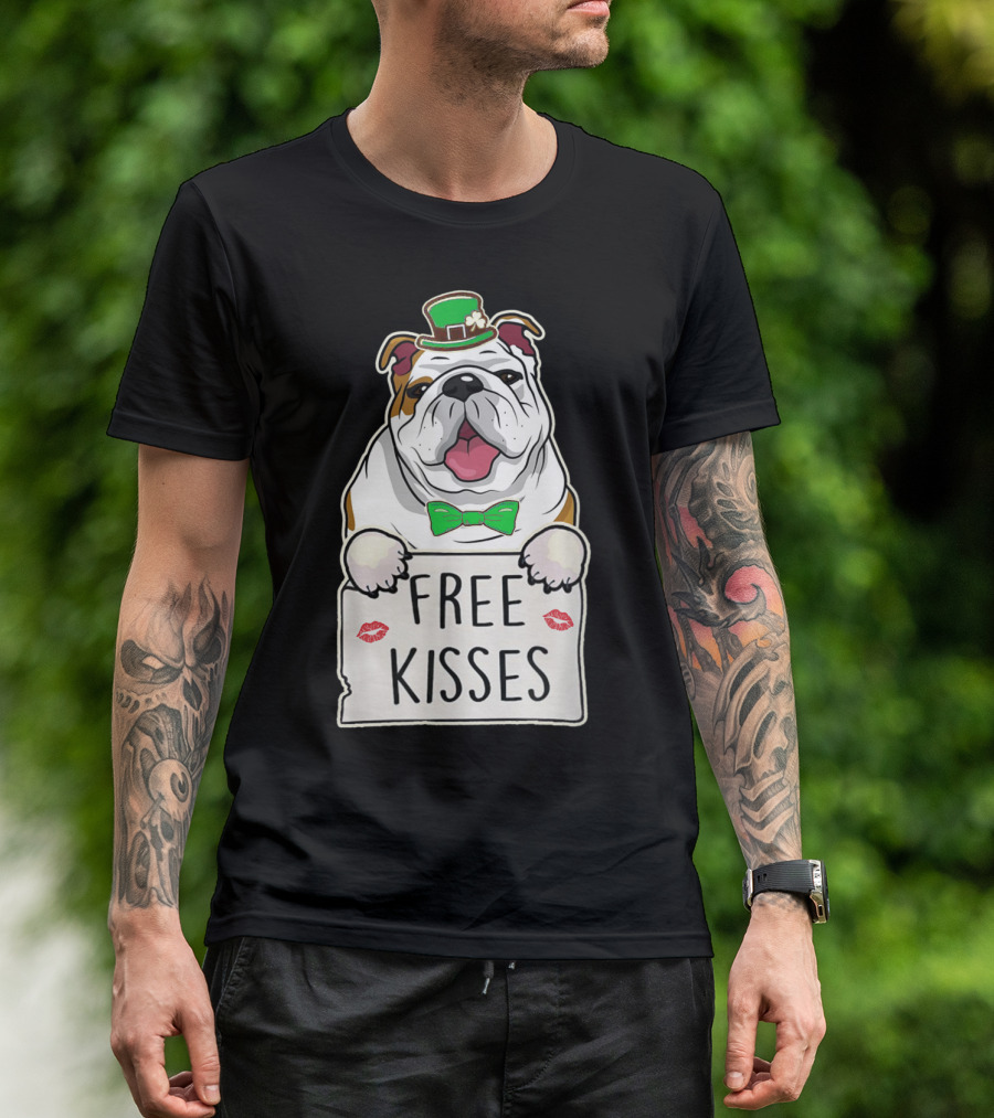English Bulldog Free Kisses Irish Hat Bowtie T-Shirt