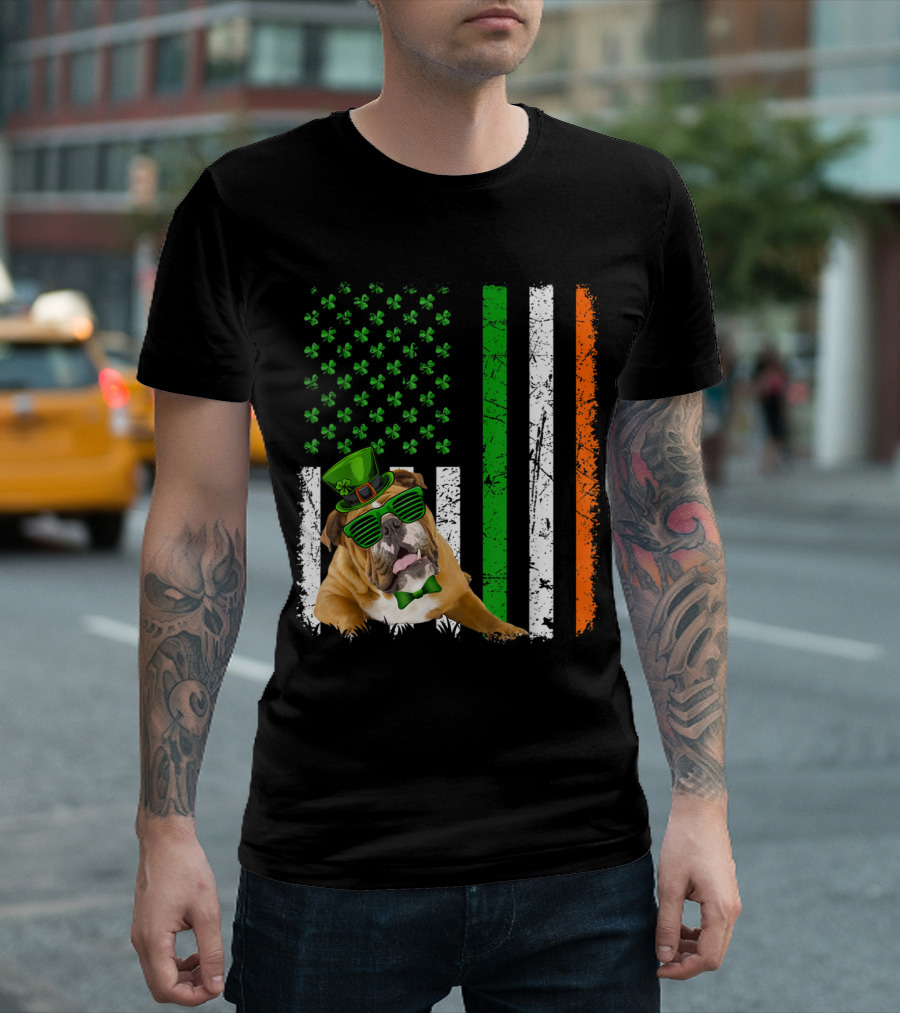Funny English Bulldog St. Patrick's Day American Irish Flag T-Shirt