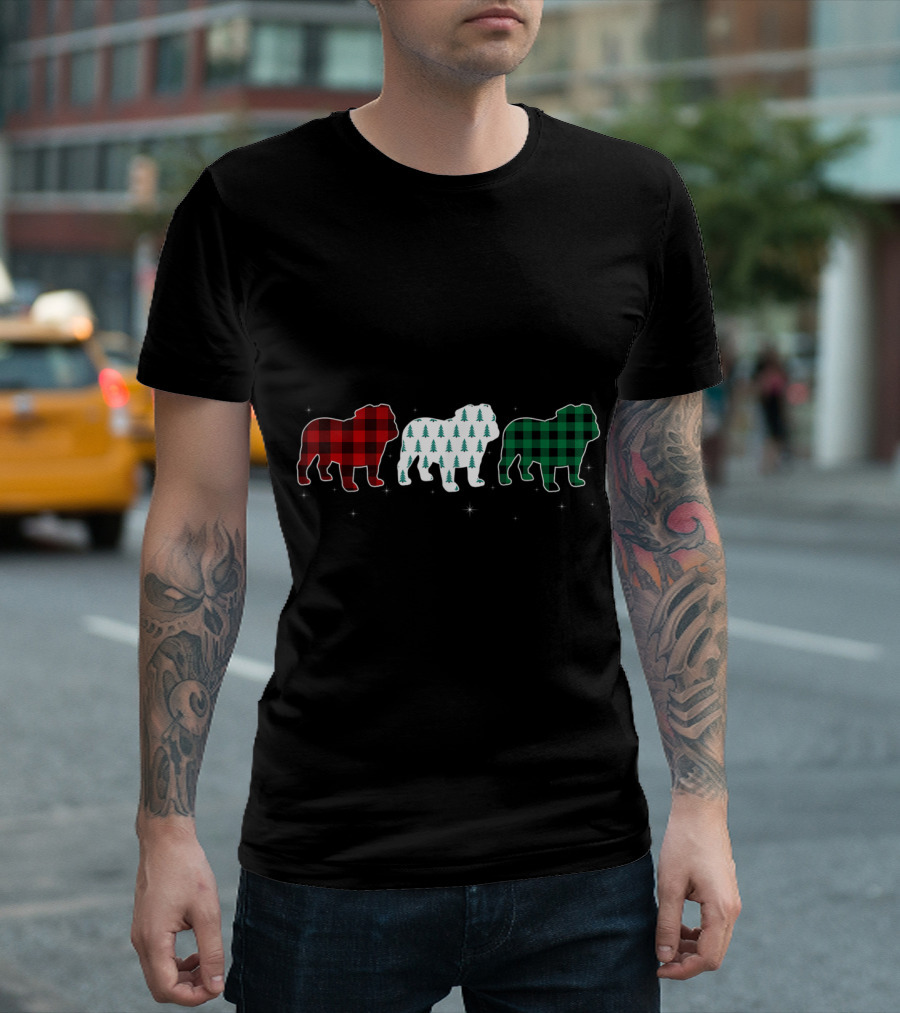 Funny English Bulldog Red Green Plaid Christmas Trees T-Shirt