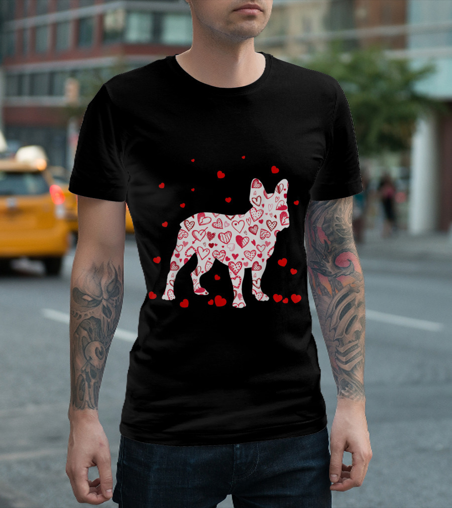 Funny English Bulldog Covered In Hearts Valentines Day Dog T-Shirt