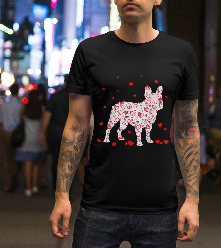 Funny English Bulldog Covered In Hearts Valentines Day Dog T-Shirt