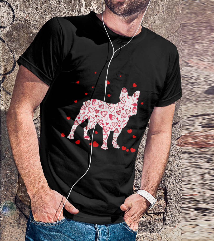 Funny English Bulldog Covered In Hearts Valentines Day Dog T-Shirt