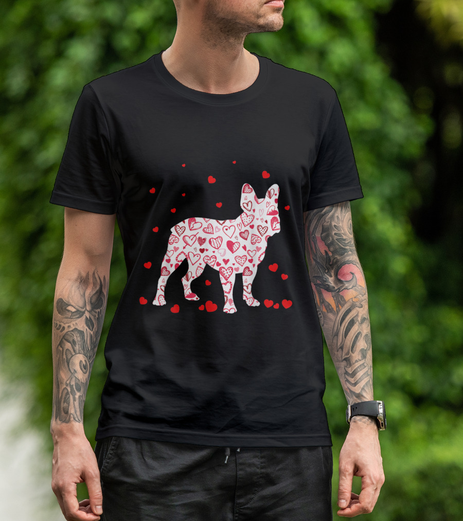 Funny English Bulldog Covered In Hearts Valentines Day Dog T-Shirt