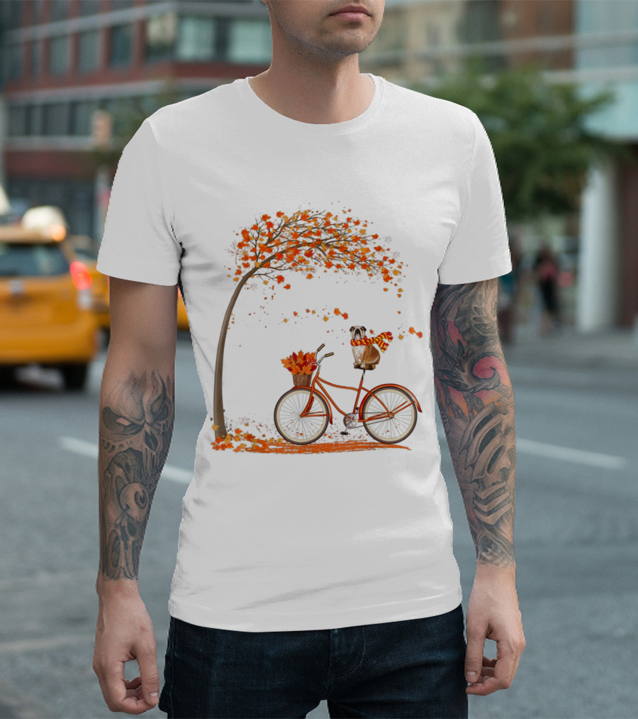 English Bulldog in Fall with Bicycle and Autumn Leaves T-Shirt