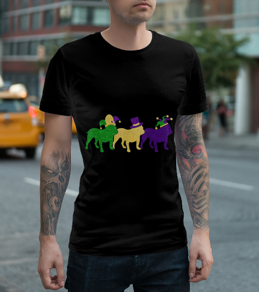 Mardi Gras Beads English Bulldog Trio with Jester Hats T-Shirt