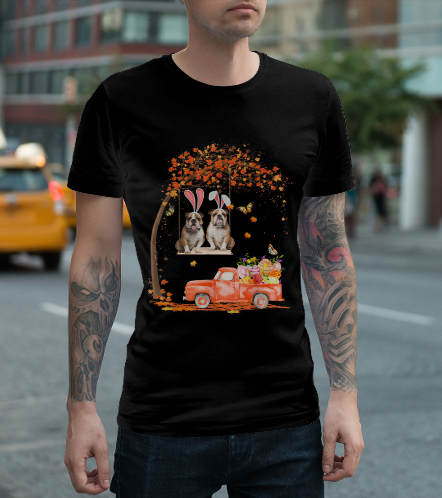 Pickup Truck with Easter Eggs and English Bulldog Couple in Bunny Ears Under Autumn Tree T-Shirt