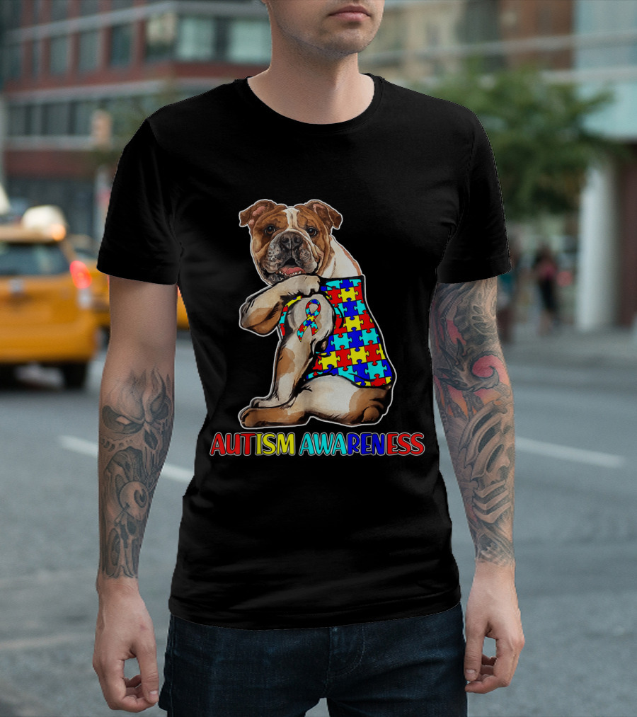 English Bulldog Puzzle Ribbon Autism Awareness T-Shirt