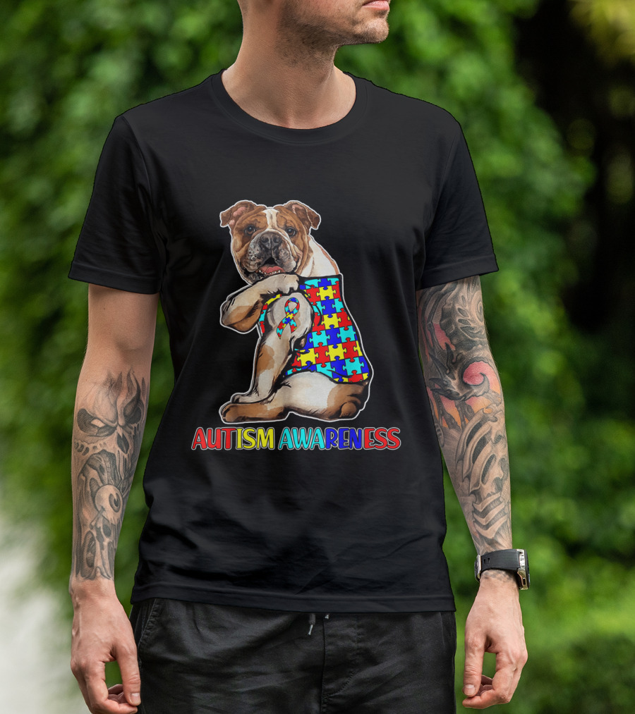English Bulldog Puzzle Ribbon Autism Awareness T-Shirt