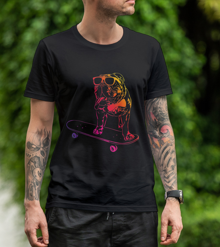 Skateboarding English Bulldog With Sunglasses And Bow Tie T-Shirt