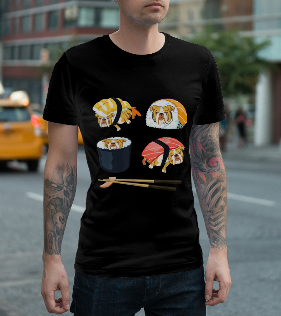 Sushi Roll English Bulldog Nigiri Chopsticks T-Shirt