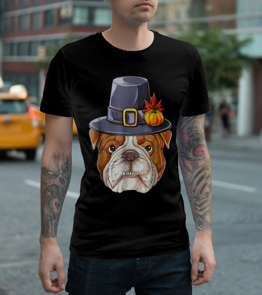 Pilgrim Hat English Bulldog Thanksgiving Kids Pumpkin Leaf T-Shirt
