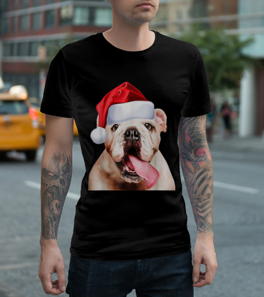 White English Bulldog Santa Hat Cute Christmas Image T-Shirt