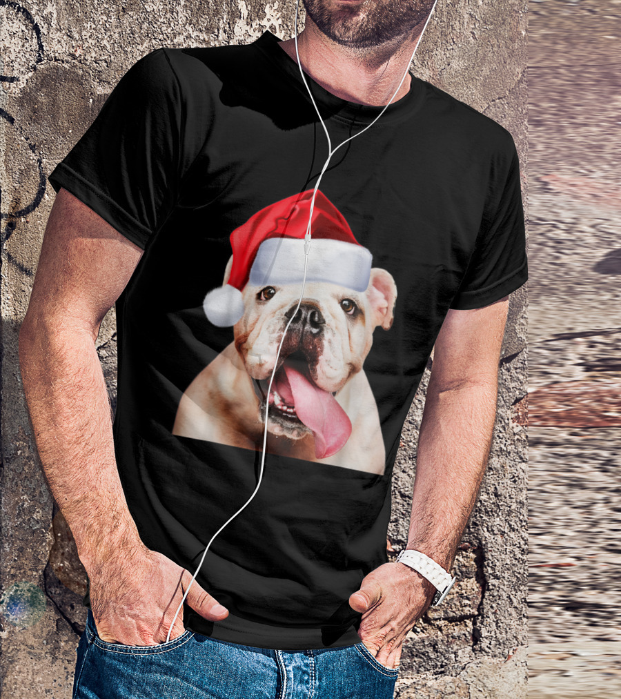 White English Bulldog Santa Hat Cute Christmas Image T-Shirt