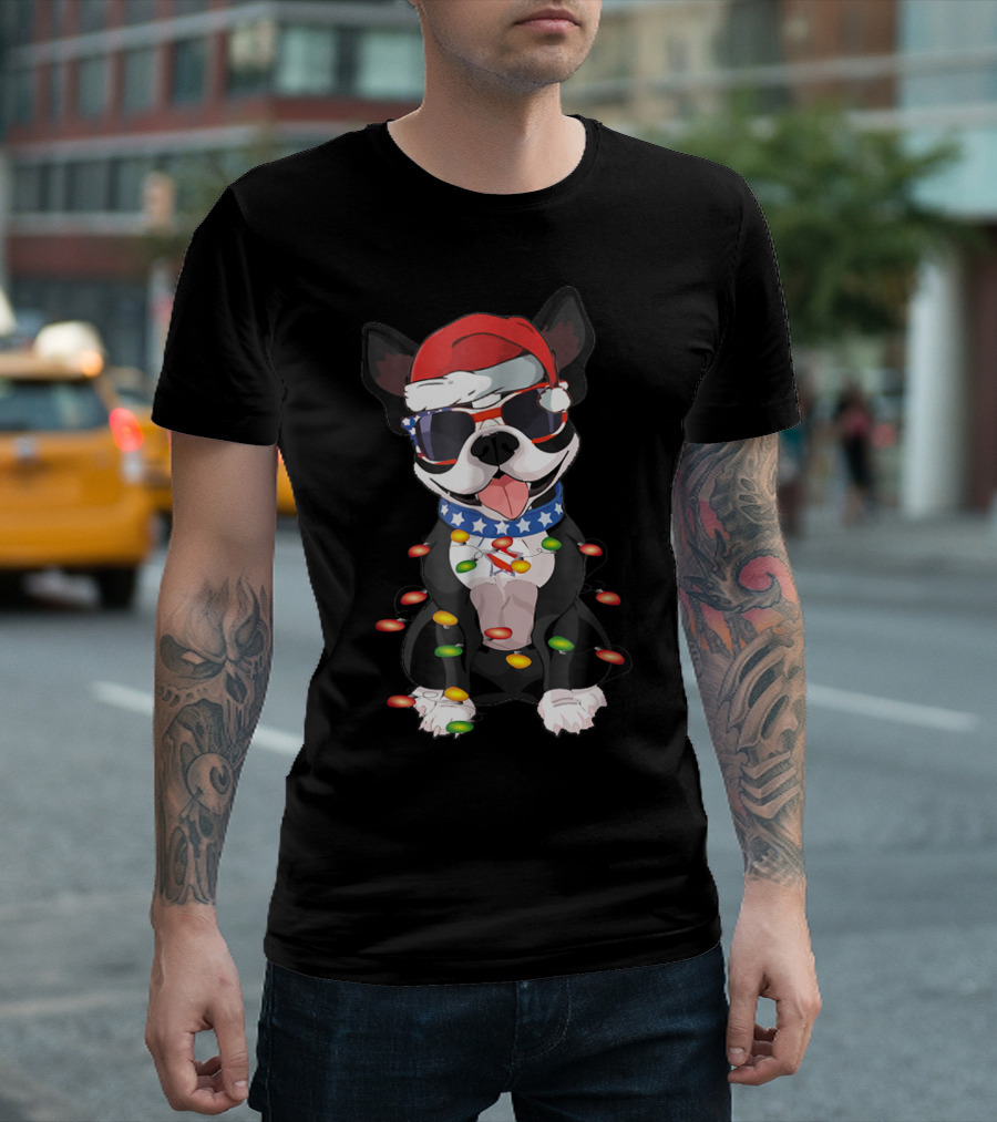 Boston Terrier Christmas Lights with Santa Hat and Sunglasses T-Shirt
