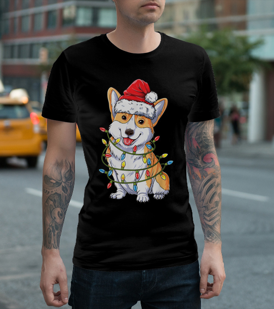 Corgi Wrapped in Christmas Lights with Santa Hat T-Shirt