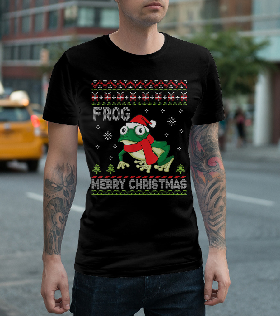 Frog Merry Christmas Snowflakes and Trees T-Shirt